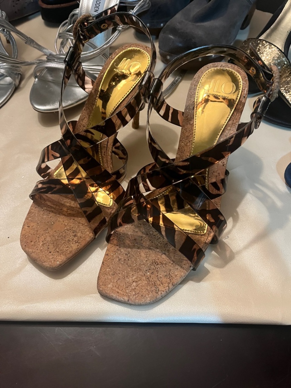 Jennifer Lopez Strappy Cork Sandals in Brown Animal Print